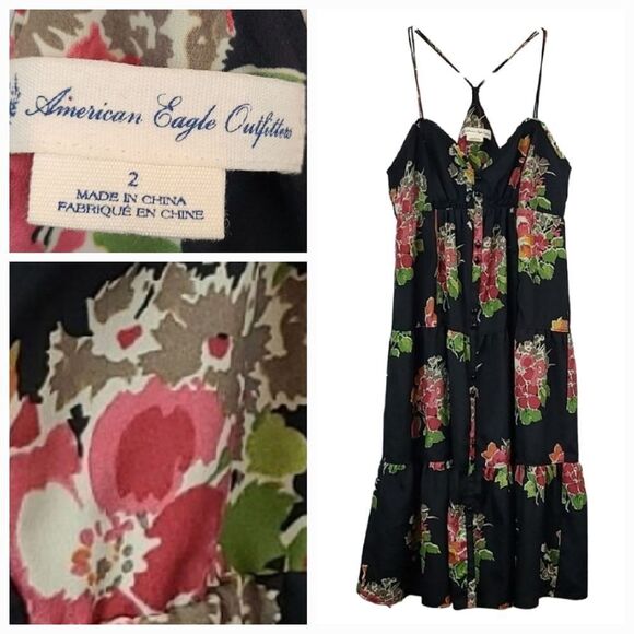 American Eagle Dress Babydoll Corset Black Floral Tiered Slip Sundress Summer - Picture 1 of 11